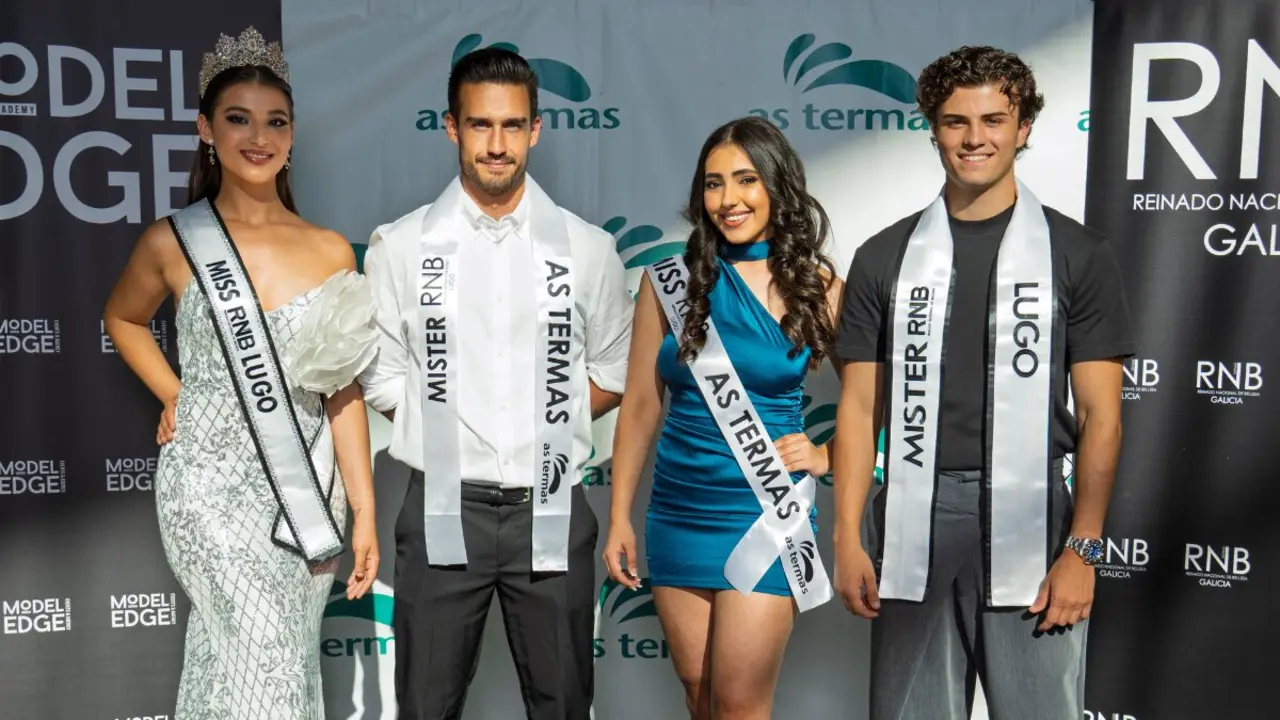 Los actuales Miss y Mister RNB Lugo junto a los nuevos Miss y Mister RNB As Termas