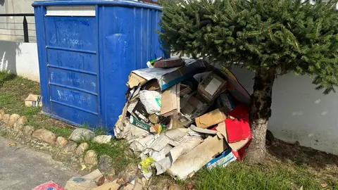 Lixo do contedor azul sen recoller - inmediacións escola Xela Arias Sarria