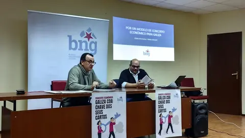 Xabier Novo y Rubén Cela, durante la charla sobre economía organizada por el BNG de Vilalba