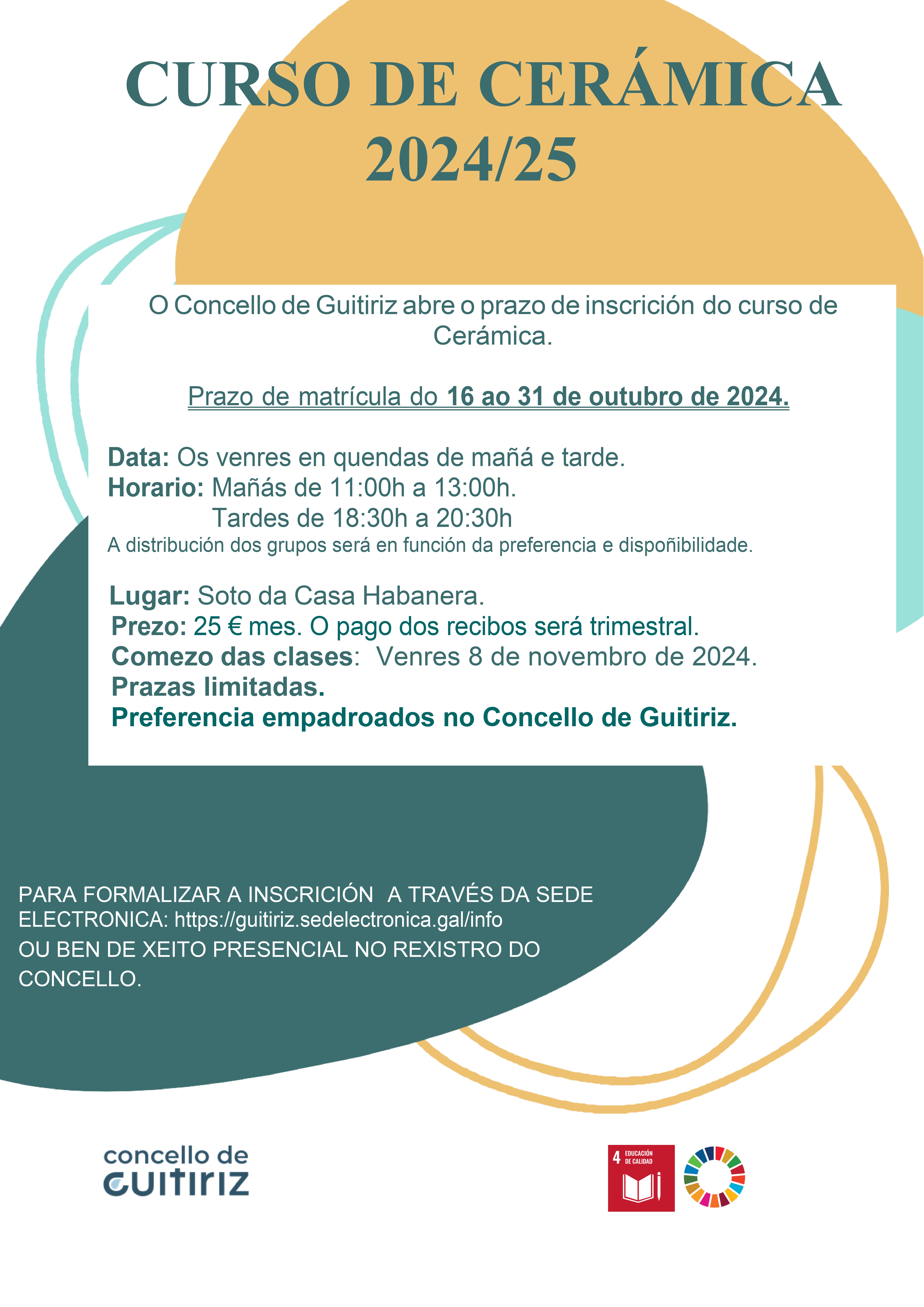 CARTEL GUITIRIZ - O Concello de Guitiriz abre o prazo de inscricións no curso de cerámica 24-25